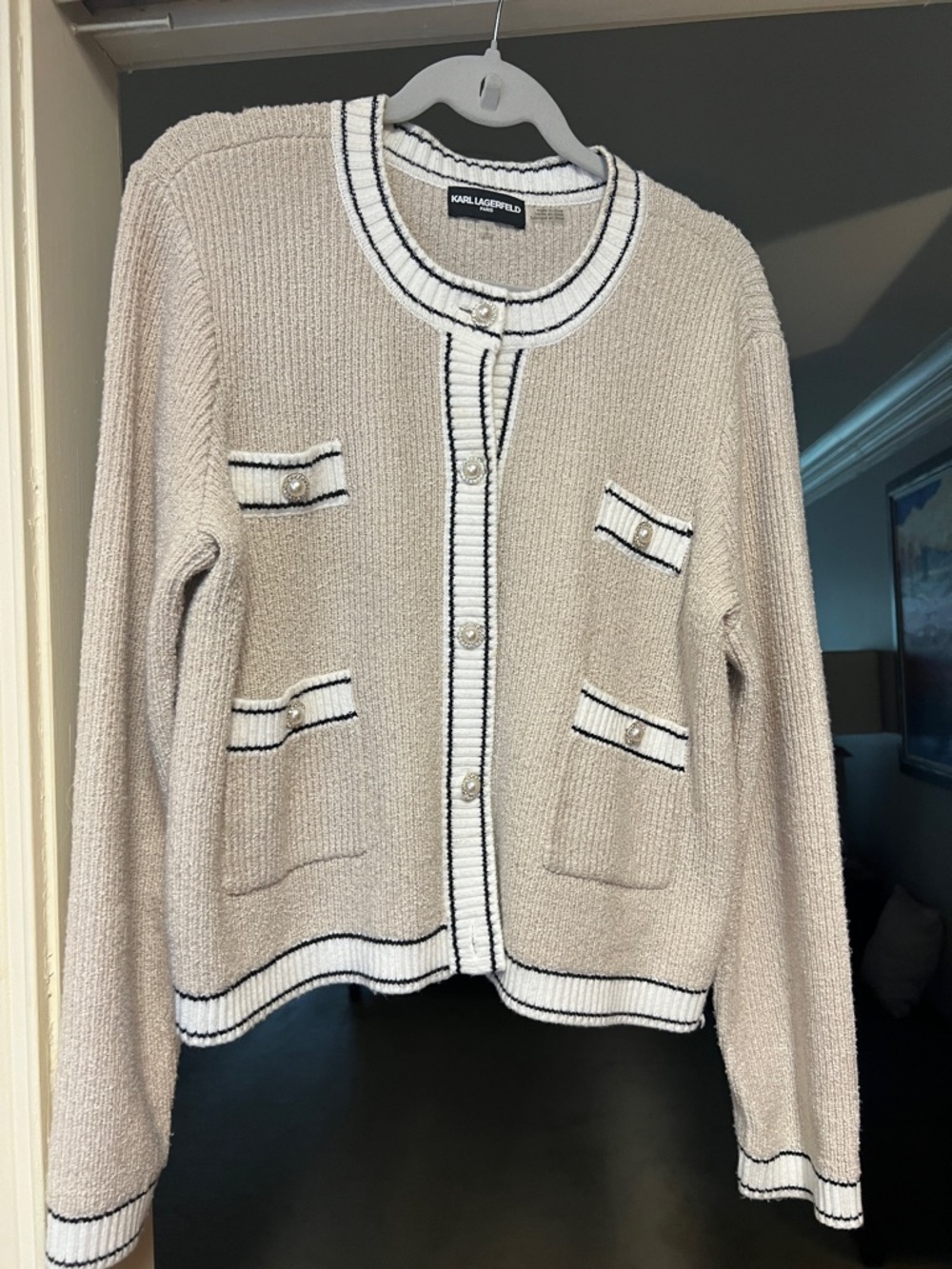 Karl Lagerfeld Beige Knit Cardigan with Black & White Trim